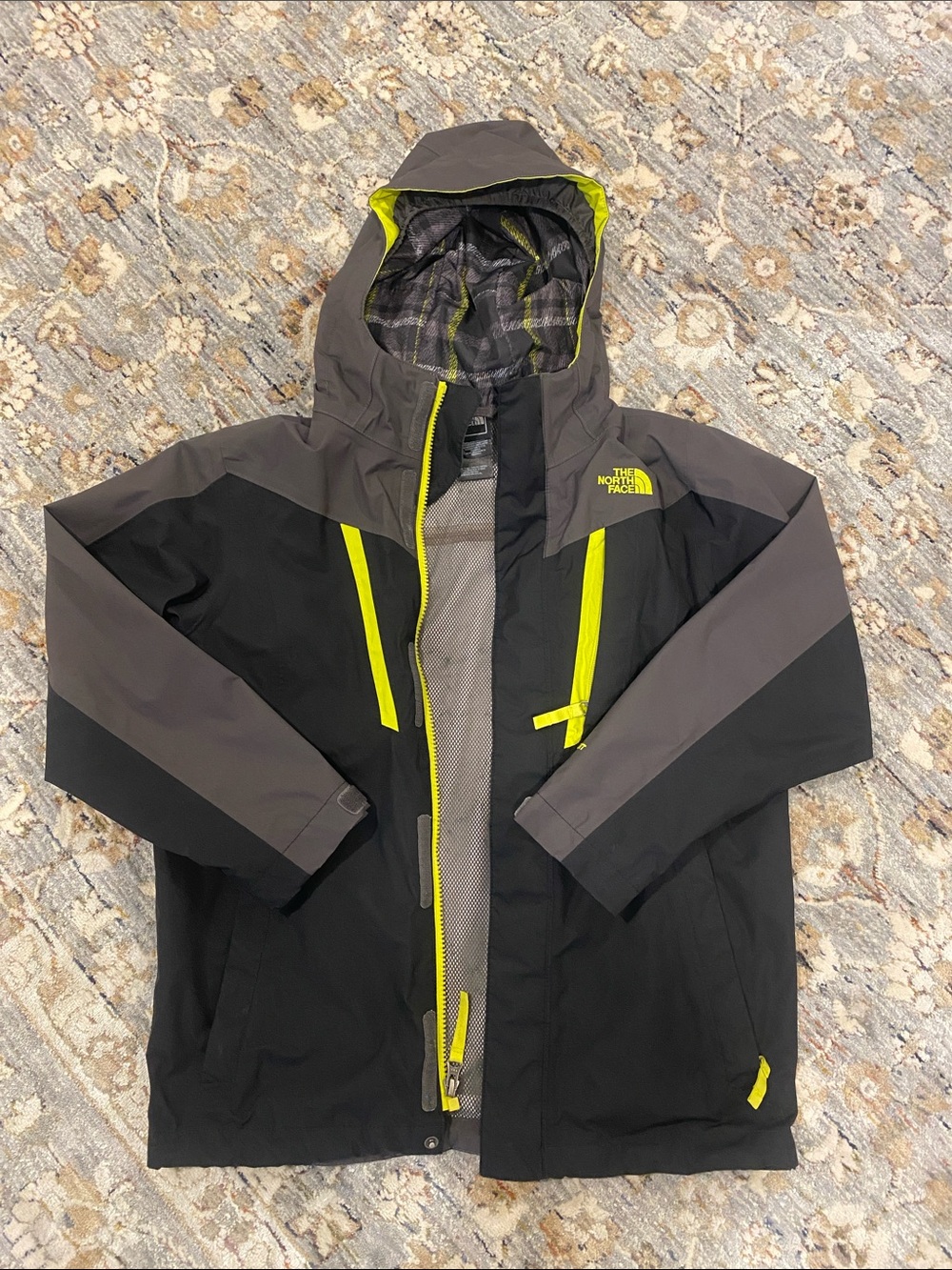 The North Face Boy’s Hooded Rain Jacket - Black, Gray & Yellow Sz 10-12